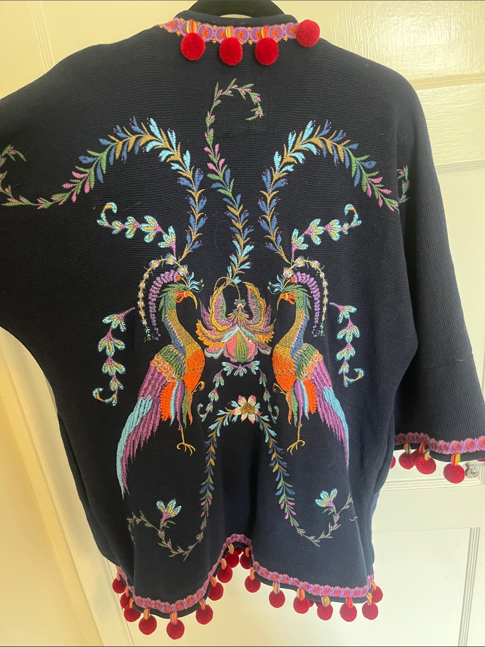 Johnny Was Navy Embroidered BIYA SHORT KIMONO Pom-pom sweater - Picture 4 of 5